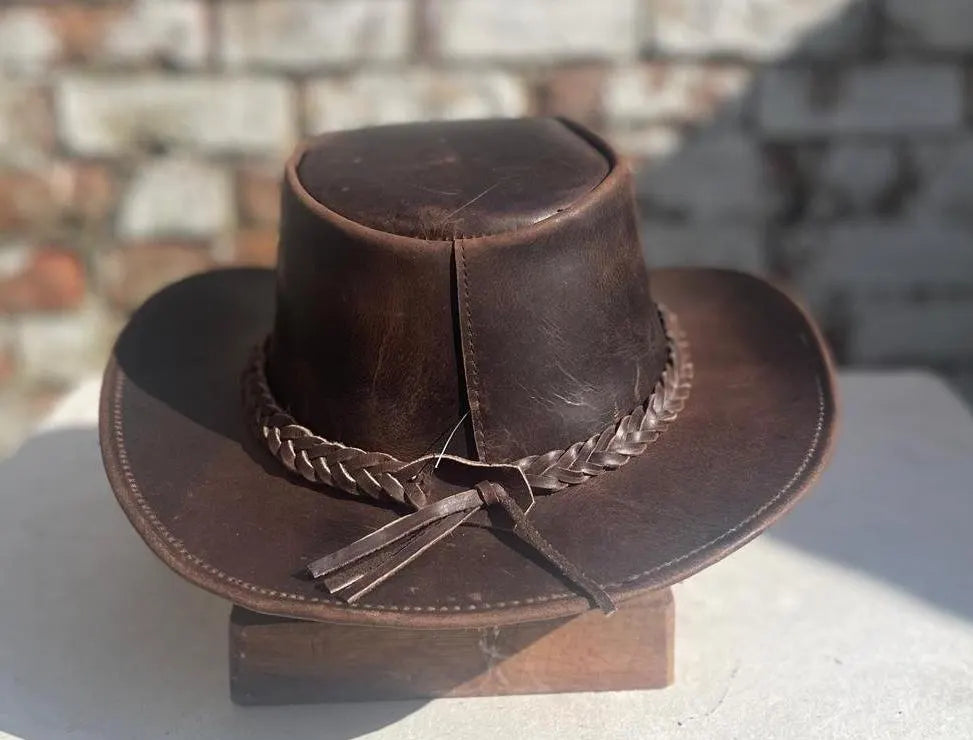 Australian Western Vintage Tan Brown Crazy Leather Antique Outback Bush Hat Unisex