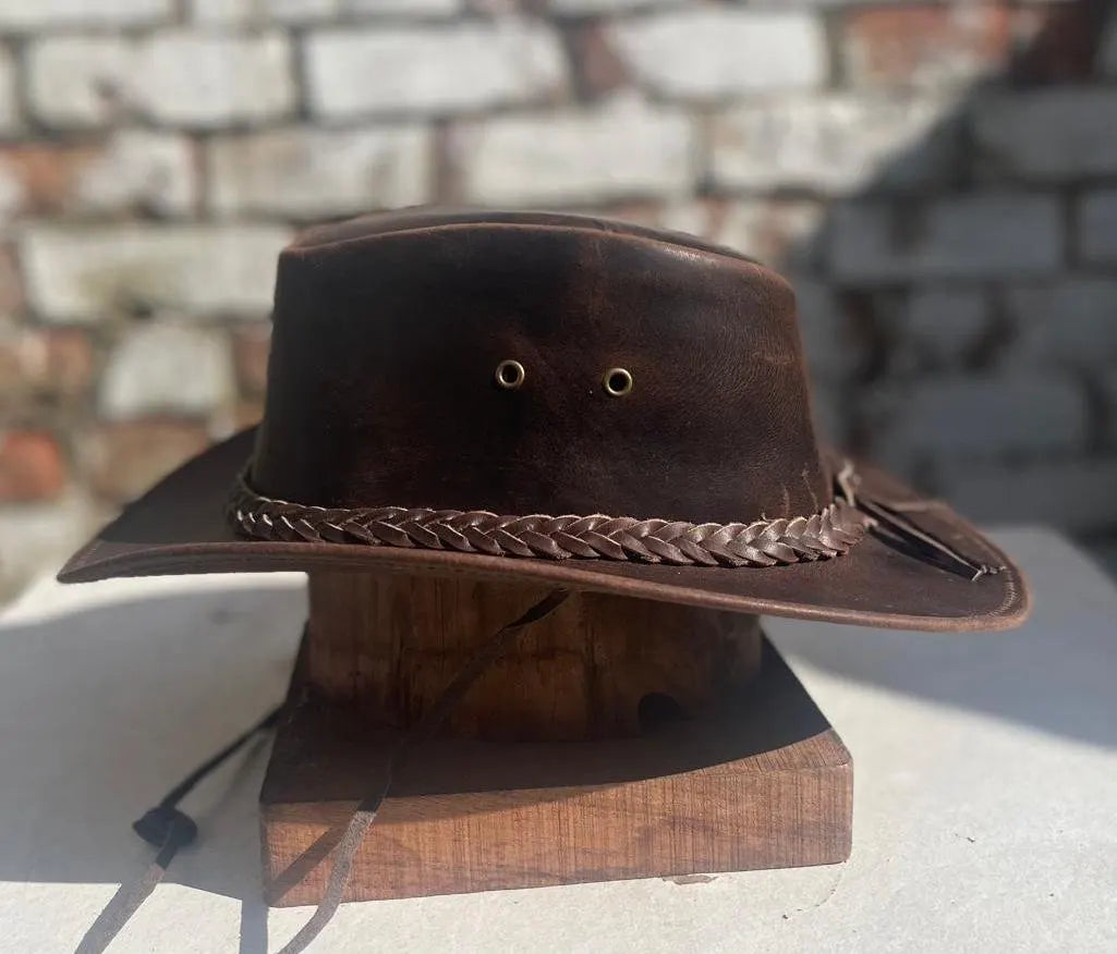 Australian Western Vintage Tan Brown Crazy Leather Antique Outback Bush Hat Unisex