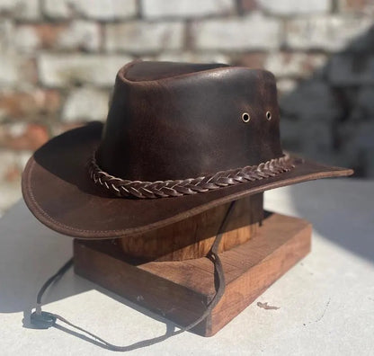 Australian Western Vintage Tan Brown Crazy Leather Antique Outback Bush Hat Unisex