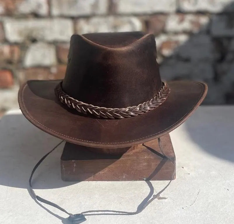 Australian Western Vintage Tan Brown Crazy Leather Antique Outback Bush Hat Unisex