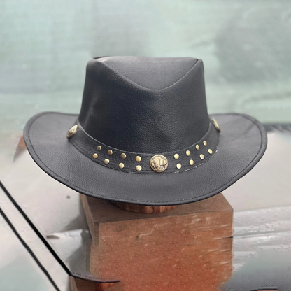 Men's Aussie Black Cowboy Outback Leather Western Buffalo Coin Hat